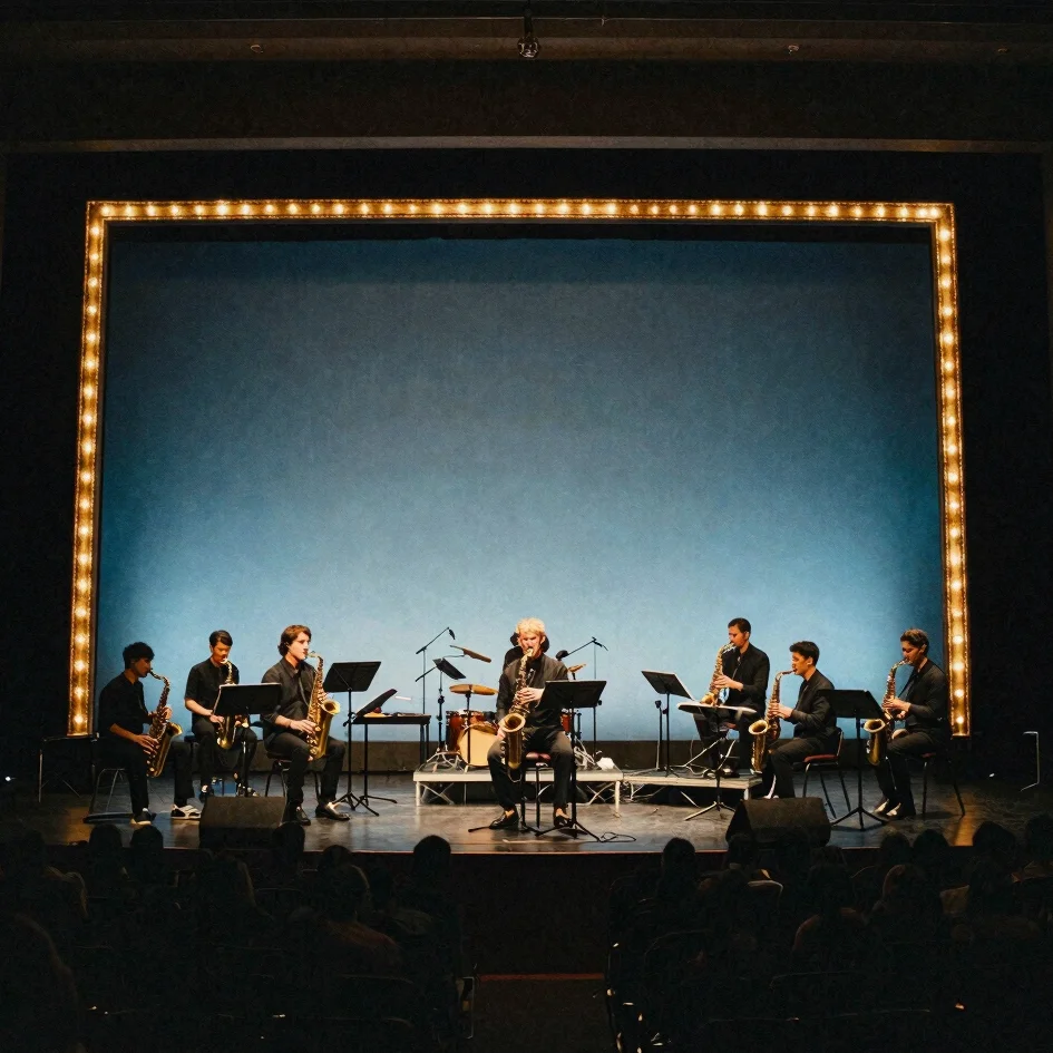 Wide environmental concert frame showing the full jazz ensemble o