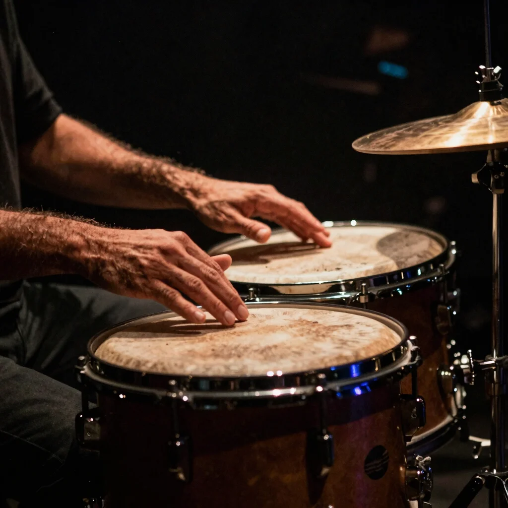 Tight focus on Fernando García's hands on a snare drum, percussio