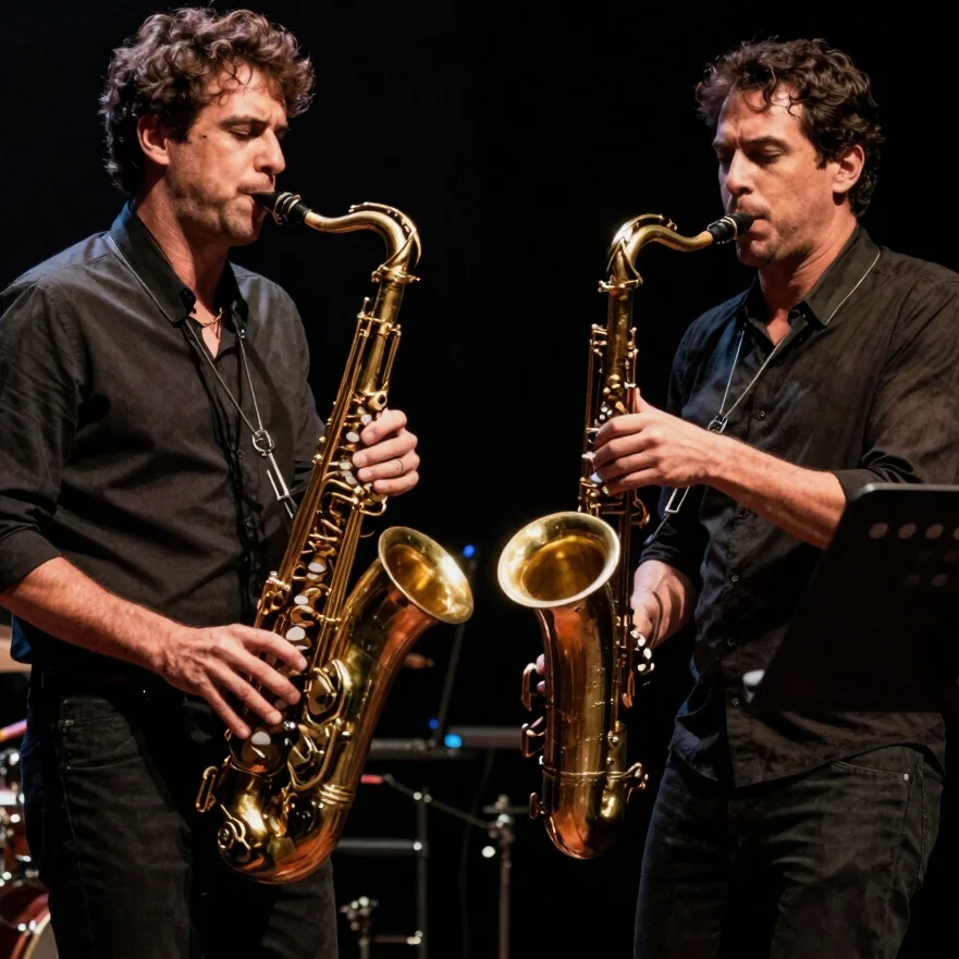 Dynamic live ensemble interaction on stage, capturing a saxophoni