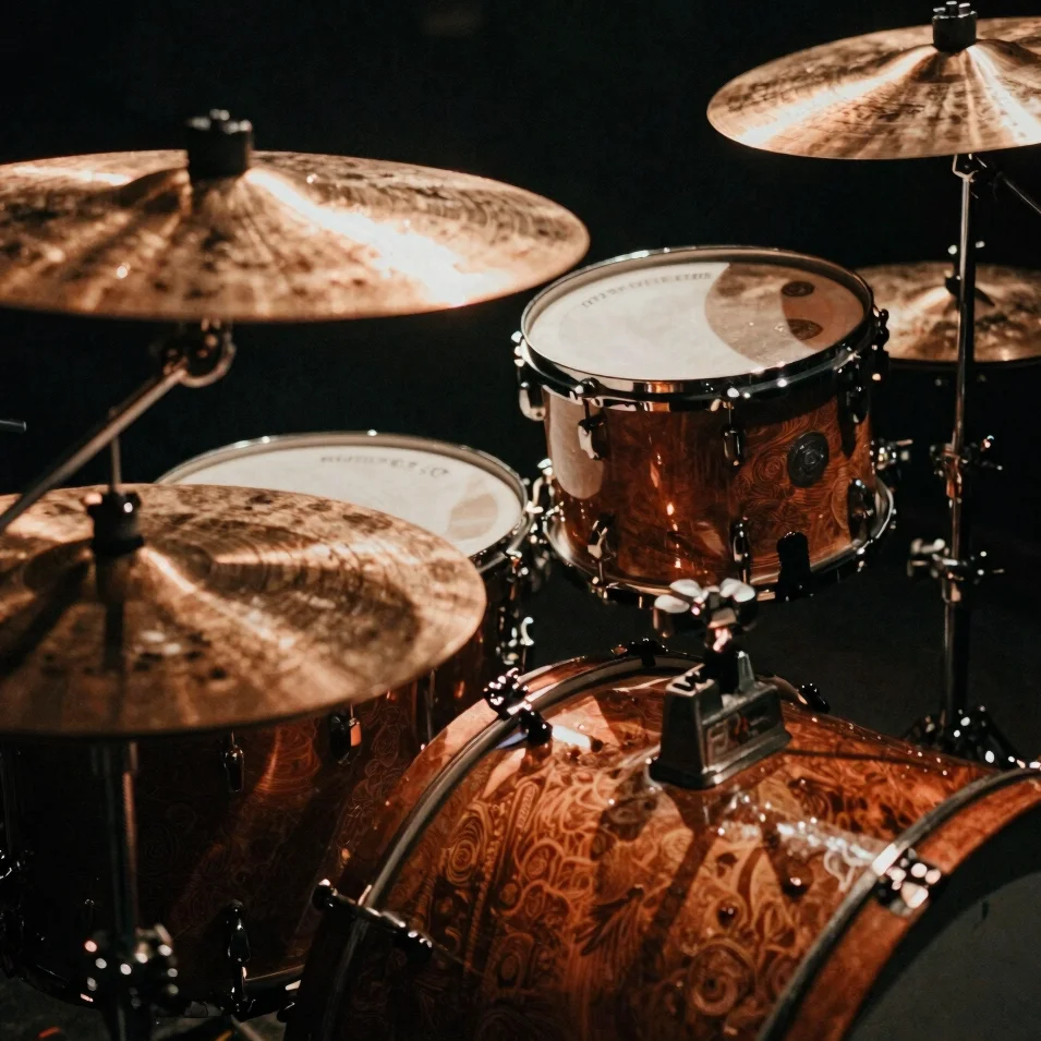 Close-up of drumheads and cymbals, reflecting stage lights, deep